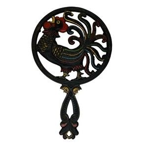 Vintage 50s Wilton MCM Cast Iron Painted Rooster Trivet Handle Hot Plate Decor